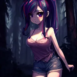 Size: 900x900 | Tagged: safe, derpibooru import, machine learning generated, stable diffusion, twilight sparkle, human, equestria girls, legend of everfree, ai content, alternate hairstyle, big breasts, breasts, busty twilight sparkle, cleavage, clothes, denim, denim shorts, female, forest, humanized, image, jpeg, looking at you, night, ponytail, shorts, solo, standing, tree