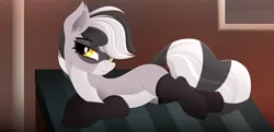 Size: 3362x1621 | Tagged: safe, artist:andaluce, derpibooru import, oc, oc:bandy cyoot, hybrid, pony, raccoon, raccoon pony, clothes, cute, cute little fangs, draw me like one of your french girls, fangs, female, image, lineless, lying down, ocbetes, png, prone, short hair, socks, solo, solo female