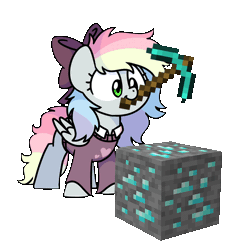 Size: 1000x1000 | Tagged: safe, artist:sugar morning, derpibooru import, oc, oc:blazey sketch, unofficial characters only, pegasus, bow, clothes, diamond, diamond ore, diamond pickaxe, gif, grey fur, hair bow, image, minecraft, mining, mouth hold, multicolored hair, pegasus oc, pickaxe, simple background, solo, sugar morning's miners, sweater, transparent background, wings
