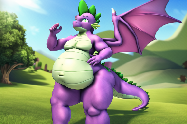 Size: 768x512 | Tagged: questionable, derpibooru import, machine learning generated, novelai, stable diffusion, spike, dragon, ai content, belly, belly button, big belly, fat, fat spike, image, membranous wings, moobs, outdoors, png, solo, wings