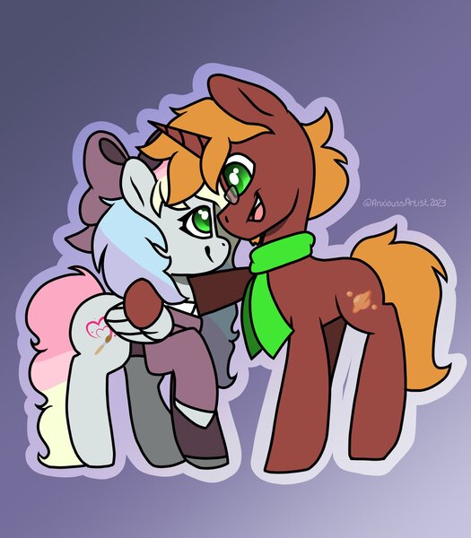 Size: 1792x2048 | Tagged: safe, artist:anxioussartist, derpibooru import, oc, oc:blazey sketch, oc:darklight, pegasus, unicorn, bow, clothes, duo, gift art, glasses, hair bow, height difference, horn, hug, image, jpeg, pegasus oc, scarf, small, sweater, unicorn oc, wings