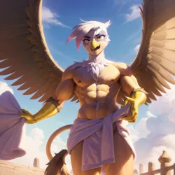 Size: 960x960 | Tagged: suggestive, derpibooru import, machine learning generated, gilda, anthro, gryphon, abs, ai content, guilder, image, male, muscles, muscular male, png, rule 63, solo, solo male, towel, towel around waist