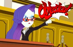 Size: 2702x1736 | Tagged: safe, artist:calmbreezes, derpibooru import, rarity, equestria girls, breasts, caption, cleavage, clothes, courtroom, glasses, image, image macro, lawyer, parody, png, solo, suit, text