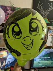 Size: 710x947 | Tagged: safe, artist:taytinabelle, derpibooru import, oc, oc:anonfilly, unofficial characters only, pony, balloon, female, filly, hi anon, image, irl, jpeg, looking at you, meme, paint on balloon, photo, solo