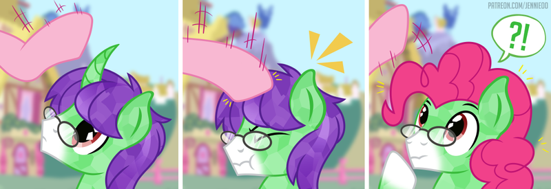 Size: 1100x378 | Tagged: safe, artist:jennieoo, derpibooru import, pinkie pie, oc, oc:crescent star, earth pony, pony, unicorn, comic, glasses, image, looking up, png, shocked, short comic, show accurate, simple background, surprised, transformation, vector