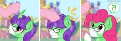 Size: 1100x378 | Tagged: safe, artist:jennieoo, derpibooru import, pinkie pie, oc, oc:crescent star, earth pony, pony, unicorn, comic, glasses, image, looking up, png, shocked, short comic, show accurate, simple background, surprised, transformation, vector