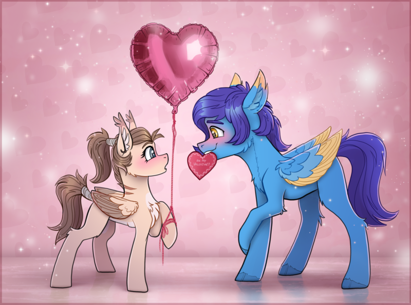 Size: 3596x2669 | Tagged: safe, artist:helmie-art, derpibooru import, oc, oc:dima, oc:helmie, unofficial characters only, pegasus, pony, balloon, chest fluff, colored wings, female, heart, heart balloon, holiday, image, looking at each other, looking at someone, male, mare, mouth hold, multicolored wings, oc x oc, pegasus oc, png, shipping, stallion, straight, tail, tail wrap, valentine's day, wings