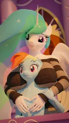 Size: 2160x3840 | Tagged: suggestive, artist:arcanetesla, derpibooru import, princess celestia, rainbow dash, alicorn, anthro, unicorn, 3d, big breasts, blender, breasts, busty princess celestia, commission, grope, huge breasts, i need an adult, image, lucky bastard, nudity, png, ych result, your character here