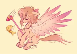 Size: 1530x1080 | Tagged: safe, artist:imalou, derpibooru import, ponified, pegasus, pony, bow, cardcaptor sakura, eyes closed, hair bow, image, jpeg, simple background, sitting, solo, spread wings, wings