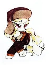 Size: 1835x2447 | Tagged: safe, artist:liaaqila, derpibooru import, march gustysnows, earth pony, pony, clothes, coat, commission, female, hat, image, jpeg, mare, simple background, solo, traditional art, white background