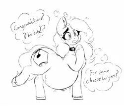 Size: 1454x1243 | Tagged: safe, artist:somefrigginnerd, derpibooru import, oc, oc:pencil test, unofficial characters only, earth pony, pony, back freckles, belly, big belly, chest fluff, choker, ear piercing, earring, earth pony oc, fat, female, freckles, grayscale, image, jewelry, jpeg, mare, monochrome, nervous, not pregnant, piercing, simple background, thought bubble, unshorn fetlocks, white background