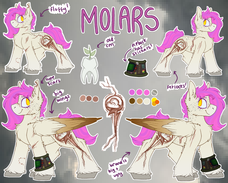 Size: 3000x2400 | Tagged: safe, artist:molars, derpibooru import, oc, oc:molars, pony, fallout equestria, branded, cutie mark, dashite, doodle, female, image, mare, pink mane, pipbuck, png, ponysona, reference sheet, scar, solo, unshorn fetlocks