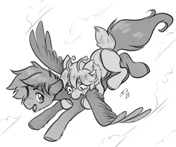 Size: 3048x2549 | Tagged: safe, artist:opalacorn, derpibooru import, oc, unofficial characters only, bug pony, insect, pegasus, pony, duo, flying, grayscale, image, jpeg, monochrome, ponies riding ponies, riding, simple background, spread wings, white background, wings