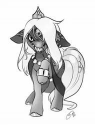 Size: 1559x2047 | Tagged: safe, artist:opalacorn, derpibooru import, oc, unofficial characters only, kelpie, pony, female, floppy ears, grayscale, image, jpeg, mare, monochrome, multiple eyes, sharp teeth, simple background, solo, teeth, unusual pupils, white background