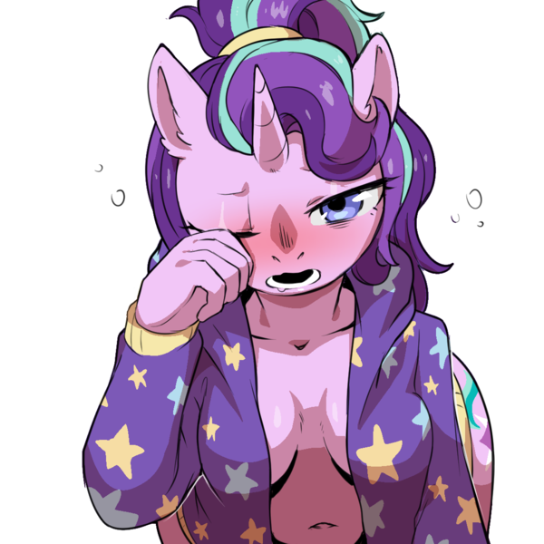 Size: 1159x1159 | Tagged: suggestive, artist:cold-blooded-twilight, derpibooru import, starlight glimmer, anthro, unicorn, belly button, blushing, breasts, cleavage, clothes, female, image, looking at you, looking up, looking up at you, open clothes, open shirt, png, rubbing eye, simple background, sleepy, solo, solo female, transparent background, wide hips