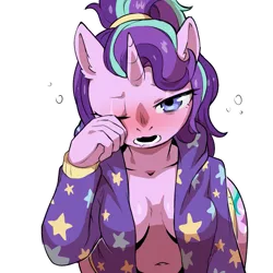 Size: 1159x1159 | Tagged: suggestive, artist:cold-blooded-twilight, derpibooru import, starlight glimmer, anthro, unicorn, belly button, blushing, breasts, cleavage, clothes, female, image, looking at you, looking up, looking up at you, open clothes, open shirt, png, rubbing eye, simple background, sleepy, solo, solo female, transparent background, wide hips