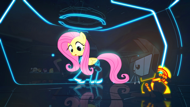 Size: 2276x1280 | Tagged: safe, artist:alstiff, artist:mechagen, derpibooru import, angel bunny, fluttershy, pony, rabbit, 2013, animal, artifact, female, image, jpeg, link in description, mare, tron, tron legacy