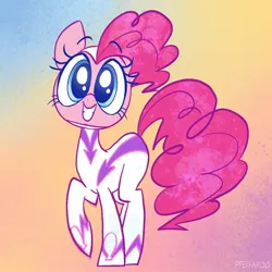 Size: 1280x1280 | Tagged: safe, alternate version, artist:pfeffaroo, derpibooru import, fili-second, pinkie pie, earth pony, pony, clothes, costume, gradient background, grin, image, jpeg, looking at you, power ponies, smiling, solo