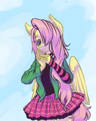 Size: 2026x2558 | Tagged: safe, artist:kovoranu, derpibooru import, fluttershy, anthro, pegasus, pony, choker, clothes, cute, draw this in your style, dtiys emoflat, evening gloves, female, fingerless elbow gloves, fingerless gloves, gloves, hair over one eye, hands together, image, long gloves, long hair, plaid skirt, png, skirt, smiling, solo, spiked choker, striped gloves