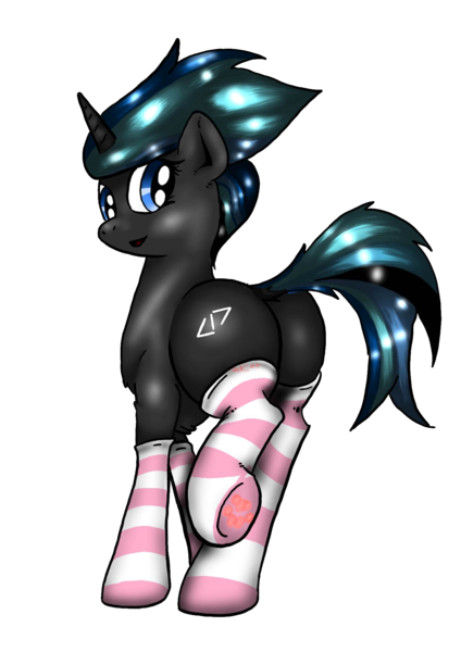 Size: 1280x1810 | Tagged: suggestive, artist:elerein, derpibooru import, oc, oc:source code, pony, unicorn, butt, clothes, cute, female, horn, image, looking at you, mare, ocbetes, plot, png, raised hoof, raised leg, rear view, simple background, socks, striped socks, transparent background, unicorn oc