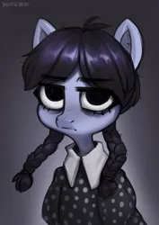 Size: 1448x2048 | Tagged: safe, artist:zazush-una, derpibooru import, earth pony, bags under eyes, bangs, braid, clothes, gray background, image, jpeg, lidded eyes, looking at you, simple background, solo, unamused, wednesday addams