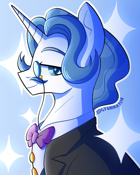 Size: 2000x2500 | Tagged: safe, artist:edgyanimator, derpibooru import, fancypants, pony, unicorn, accessory, bedroom eyes, blue background, blue eyes, blue hair, blue mane, bowtie, bust, cel shading, closed mouth, clothes, colored, colored lineart, colored pupils, derpibooru exclusive, digital art, eyebrows, eyebrows up, facial hair, firealpaca, flowy hair, flowy mane, highlights, horn, image, jpeg, looking at you, male, monocle, moustache, portrait, shading, short hair, short mane, side view, signature, simple background, simple shading, smiling, smiling at you, smirk, solo, sparkles, stallion, starry eyes, sternocleidomastoid, stupid sexy fancypants, suit, tuxedo, white coat, white fur, wingding eyes