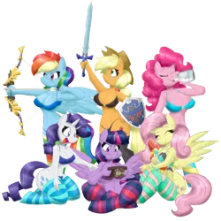 Size: 6400x6400 | Tagged: suggestive, artist:flutterthrash, derpibooru import, applejack, fluttershy, pinkie pie, rainbow dash, rarity, twilight sparkle, anthro, bird, chicken, unguligrade anthro, arrow, botw pony pack, bow, bow (weapon), bow and arrow, bra, breasts, clothes, commission, drinking, hylian shield, image, kneeling, mane six, master sword, milk, png, pointing, simple background, socks, striped socks, sword, the legend of zelda, the legend of zelda: breath of the wild, transparent background, underwear, weapon