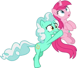 Size: 1024x905 | Tagged: safe, derpibooru import, lyra heartstrings, pinkie pie, earth pony, pony, unicorn, confused, cutie mark swap, eye swap, image, implied body swap, nervous, palette swap, png, recolor, simple background, transparent background