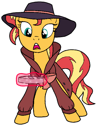 Size: 407x526 | Tagged: safe, artist:noikincade67, derpibooru import, sunset shimmer, unicorn, clothes, detective, fedora, female, hat, image, magnifying glass, png, trenchcoat