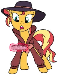 Size: 407x526 | Tagged: safe, artist:noikincade67, derpibooru import, sunset shimmer, unicorn, clothes, detective, fedora, female, hat, image, magnifying glass, png, trenchcoat