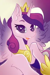 Size: 2000x3000 | Tagged: safe, artist:dankpegasista, derpibooru import, princess cadance, alicorn, pony, :d, abstract background, bust, clothes, collar, colored lineart, colored pupils, colored wings, crown, curly mane, derpibooru exclusive, digital art, ear fluff, eyebrows, eyelashes, feathered wings, female, gem, gold, gradient background, gradient hair, gradient wings, half body, happy, heart, heart eyes, high res, highlights, image, jewelry, krita, looking at you, mare, multicolored hair, multicolored mane, open mouth, open smile, pink coat, png, portrait, purple eyes, raised hoof, regalia, royalty, shading, shiny mane, shiny skin, shoes, signature, simple background, smiling, smiling at you, solo, spread wings, teeth, waist up, wall of tags, wingding eyes, wings