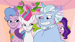 Size: 1280x720 | Tagged: safe, derpibooru import, screencap, pipp petals, queen haven, zipp storm, pegasus, pony, unicorn, g5, my little pony: tell your tale, spoiler:g5, spoiler:my little pony: tell your tale, spoiler:tyts01e51, alphabittle blossomforth, animated, family, female, flower, frown, gif, image, laughing, male, mare, mare family mare problems, nervous, raised hoof, royal sisters (g5), siblings, sisters, stallion, struggling, sweat, sweatdrop, swollen, wobbling, youtube link