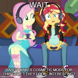 Size: 500x500 | Tagged: safe, derpibooru import, edit, edited screencap, screencap, fluttershy, sunset shimmer, equestria girls, clothes, controller, converse, gamer sunset, gamershy, headset, headset mic, image, implied rarity, jpeg, shoes, sneakers, text, video game