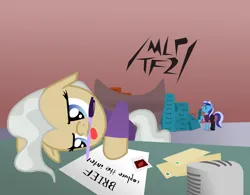 Size: 2844x2222 | Tagged: safe, derpibooru import, mayor mare, minuette, /mlp/ tf2 general, administrator, air conditioner, cabinet, chair, desk, file cabinet, folder, image, mouth hold, paper, paperwork, pen, png, smiling, team fortress 2, text, tired