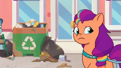 Size: 640x360 | Tagged: safe, derpibooru import, screencap, sunny starscout, earth pony, pony, g5, my little pony: tell your tale, spoiler:g5, spoiler:my little pony: tell your tale, spoiler:tyts01e23, animated, annoyed, another pony's trash, duo, female, gif, image, male, mare, open mouth, rufus, stallion, trash