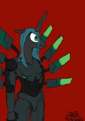 Size: 700x1000 | Tagged: safe, derpibooru import, queen chrysalis, anthro, robot, image, png, red background, simple background, ultrakill, video game