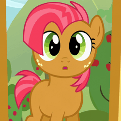 Size: 800x800 | Tagged: safe, derpibooru import, screencap, babs seed, earth pony, pony, one bad apple, season 3, :o, adorababs, blinking, cropped, cute, dilated pupils, female, filly, foal, freckles, gif, image, looking at you, open mouth, solo, tail, tailboner, zoom