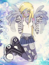 Size: 1373x1800 | Tagged: safe, artist:fruitx2777, derpibooru import, derpy hooves, human, arm warmers, clothes, converse, female, humanized, image, jpeg, panties, pegasus wings, ripped stockings, shoes, skirt, socks, solo, solo female, stockings, tanktop, thigh highs, torn clothes, underwear, winged humanization, wings