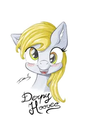 Size: 3508x4961 | Tagged: safe, artist:memprices, derpibooru import, derpy hooves, pony, blushing, bust, clip studio paint, cross-eyed, digital art, ear fluff, front view, image, open mouth, open smile, pencil, pencil drawing, png, portrait, shading, simple background, smiling, solo, traditional art, white background