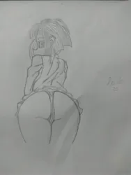 Size: 3120x4160 | Tagged: suggestive, artist:lewis20, derpibooru import, sunny flare, equestria girls, ass, butt, clothes, image, jpeg, looking at you, looking down, panties, school uniform, skirt, sunny flank, thighs, traditional art, underwear
