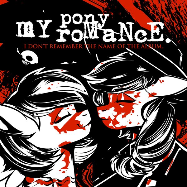 Size: 4096x4096 | Tagged: safe, artist:poxy_boxy, derpibooru import, applejack, rainbow dash, earth pony, pegasus, pony, album cover, appledash, applejack's hat, blood, cowboy hat, female, hat, image, jpeg, lesbian, my chemical romance, partial color, redraw, shipping