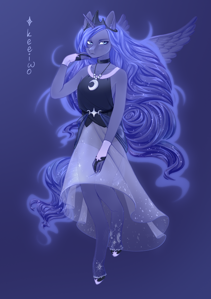 Size: 1060x1500 | Tagged: safe, artist:keeiwo, derpibooru import, princess luna, anthro, unguligrade anthro, blue background, clothes, dress, ethereal mane, hand on cheek, image, jewelry, necklace, png, signature, simple background, solo, spread wings, wings