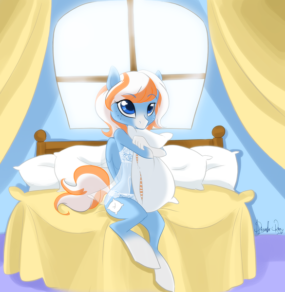 Size: 1248x1280 | Tagged: safe, artist:devoidkiss, banned from derpibooru, oc, unofficial characters only, anthro, pegasus, unguligrade anthro, bed, bedroom, clothes, female, image, lingerie, pillow, png, solo, underage