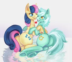 Size: 1024x877 | Tagged: safe, artist:dieingartist, derpibooru import, bon bon, lyra heartstrings, sweetie drops, earth pony, pony, unicorn, butt, duo, female, heart, hug, image, lesbian, lying down, lyrabon, mare, one eye closed, plot, png, prone, shipping, signature, smiling, snuggling, underhoof