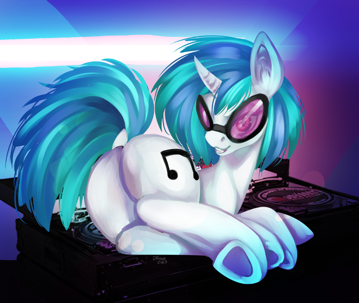 Size: 1020x862 | Tagged: safe, artist:dieingartist, derpibooru import, vinyl scratch, pony, unicorn, butt, female, grin, image, looking at you, looking back, looking back at you, lying down, mare, plot, png, prone, signature, smiling, solo, turntable, underhoof