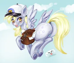 Size: 1012x868 | Tagged: safe, artist:dieingartist, derpibooru import, derpy hooves, pegasus, pony, :p, bag, blushing, butt, cloud, derp, female, hat, image, letter, looking at you, looking back, looking back at you, mailbag, mailmare, mailmare hat, mare, plot, png, sky, solo, tongue out