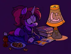 Size: 2081x1588 | Tagged: safe, artist:jimmyjamno1, derpibooru import, oc, unofficial characters only, pony, unicorn, chips, clothes, comic book, commission, crossed hooves, desk lamp, drink, food, image, jpeg, lamp, lying down, prone, purple background, reading, simple background, soda, solo, sweater, turtleneck