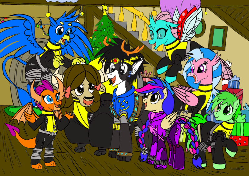 Size: 1024x724 | Tagged: safe, artist:jmkplover, artist:spiders123, derpibooru import, gallus, ocellus, sandbar, silverstream, smolder, yona, oc, oc:mayday, oc:mayday parker sparkle, deer, deer pony, original species, reindeer, antlers, christmas, christmas tree, hearth's warming, holiday, image, marvel, png, present, reindeer antlers, spiders and magic: rise of spider-mane, stag, student six, tree, ullr, x-men