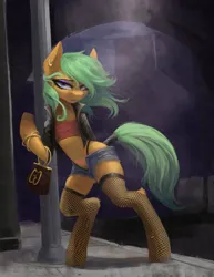 Size: 3165x4096 | Tagged: suggestive, artist:blvckmagic, derpibooru import, oc, unofficial characters only, earth pony, semi-anthro, bracelet, clothes, daisy dukes, ear piercing, earring, eyeshadow, female, fishnets, image, jacket, jewelry, jpeg, lamppost, lidded eyes, lipstick, looking at you, makeup, midriff, panties, piercing, purse, shorts, smiling, smiling at you, solo, solo female, tail, tail wrap, tattoo, top, underwear, womb tattoo