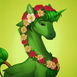 Size: 512x512 | Tagged: safe, derpibooru import, machine learning generated, stable diffusion, oc, oc:prince gaius evergreen, alicorn, ai content, chest fluff, flower, flower in hair, generator:ponydiffusionv4, gradient background, green fur, green mane, image, male, neck fluff, png, prompter:downunda thunda, simple background, solo, story included, tail, tail wrap